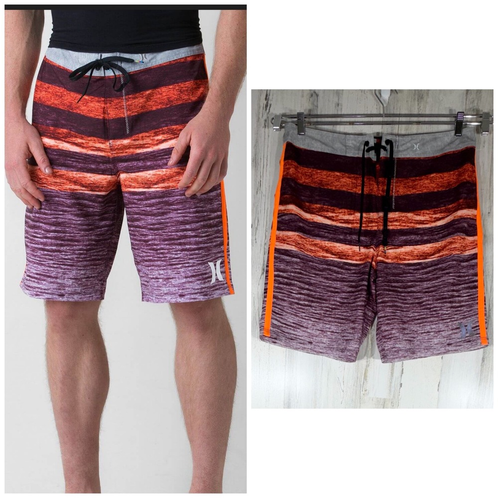 Hurley Ripple Phantom Board‎ Shorts 34 Orange Purple Striped Swim Trunks Buckle